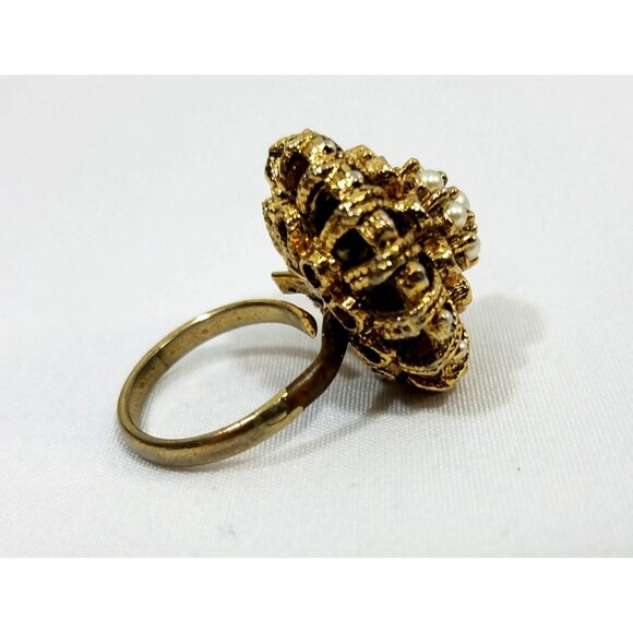 Vintage Gold-Tone Adjustable Costume Ring Faux Pearl Cluster Design Cocktail - Picture 6 of 7